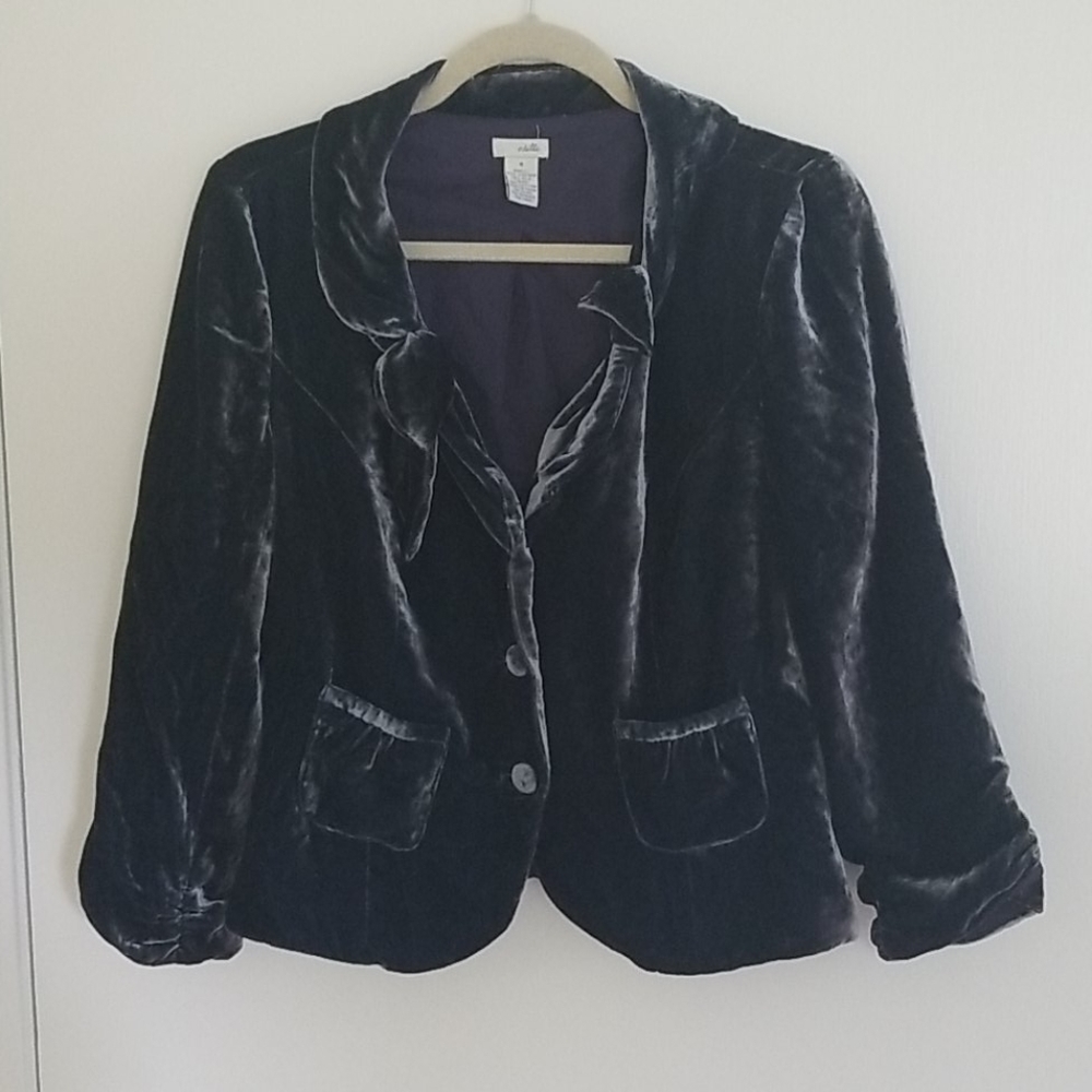 Anthropologie Odille Steel Blue Velvet Bow Blazer